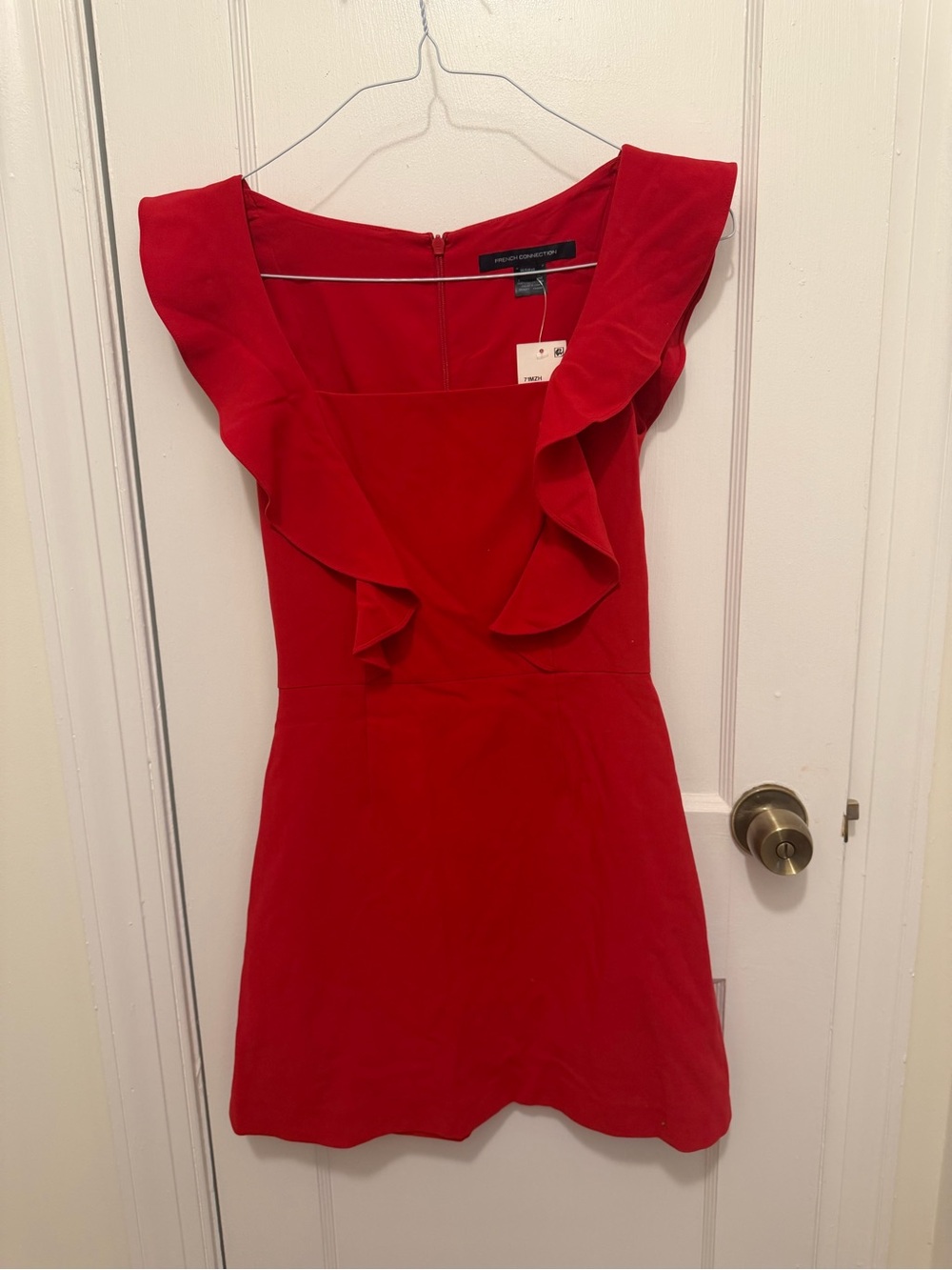 French Connection Red Ruffle Square-Neck Mini Dress - Picture 2 of 4